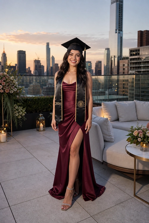 A graduate wears a burgundy satin gown with a thigh-high slit, black cap and stole, and silver strappy heels.
