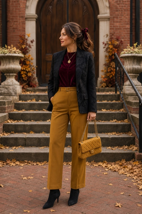 A woman wears a black patterned blazer over a burgundy top with mustard high-waisted trousers, black ankle boots, and a quilted chain-handle bag.