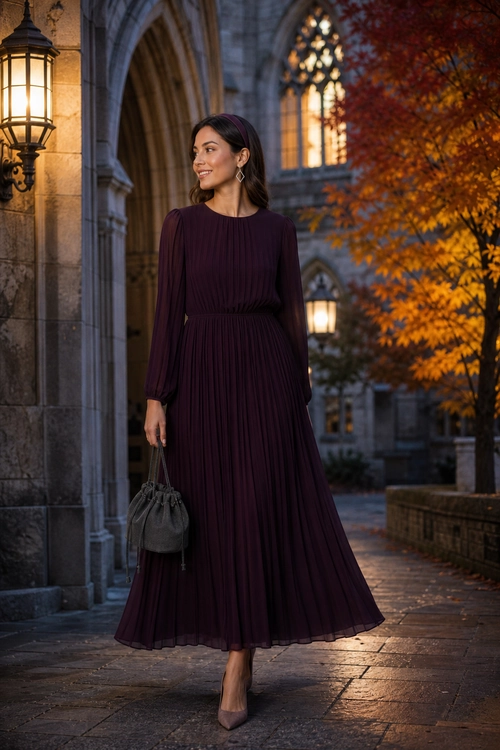 A woman wearing a deep burgundy pleated long-sleeve maxi dress with a charcoal drawstring handbag and pointed taupe pumps.