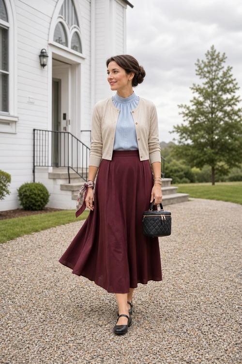 Burgundy Skirt and Beige Cardigan Outfit A woman wears a burgundy midi skirt with a light blue high-neck blouse, beige cardigan, black Mary Jane flats, and a quilted black handbag.