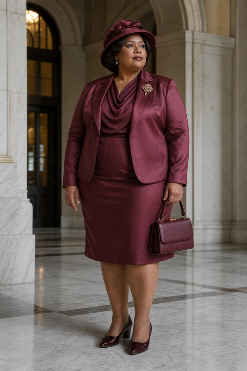A woman wears a burgundy tailored skirt suit with a draped blouse, matching hat, brooch, handbag, and pointed-toe pumps.