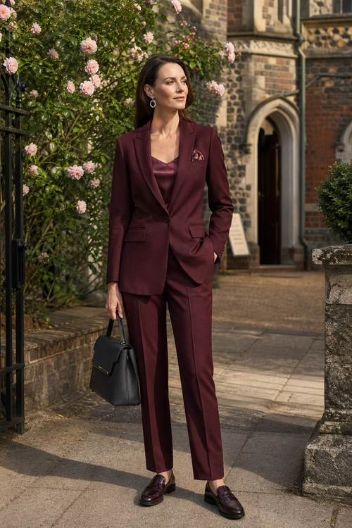 A woman wears a burgundy tailored blazer and matching trousers with a satin camisole, dark loafers, and a structured black handbag.