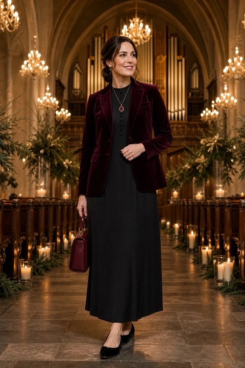 Burgundy Velvet Blazer and Black Dress A woman wearing a burgundy velvet blazer over a long black dress with black flats and a matching burgundy handbag.