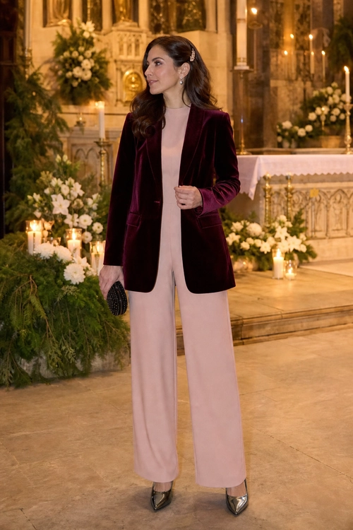 Burgundy Velvet Blazer with Pink Wide-Leg Trousers A woman wears a burgundy velvet blazer over a pale pink top with matching wide-leg trousers and pointed metallic heels.