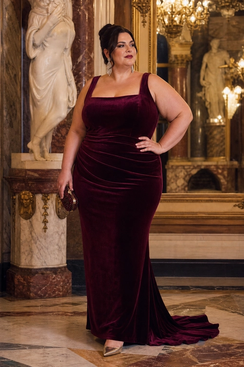 Burgundy Velvet Evening Gown A woman wears a burgundy velvet floor-length gown with a square neckline, dramatic train, dangling earrings, a beaded clutch, and metallic heels.