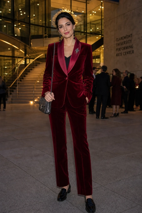 Burgundy Velvet Pantsuit Outfit A woman wears a burgundy velvet blazer and matching trousers with a black top, loafers, a chain-strap bag, and statement jewelry.
