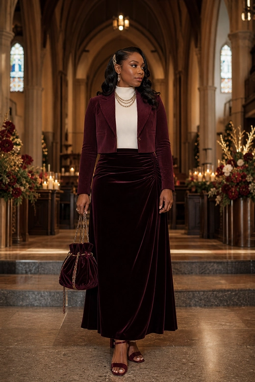A woman wears a cropped burgundy blazer over a cream high-neck top with a long burgundy velvet skirt, strappy heels, layered necklaces, and a matching ruched handbag.