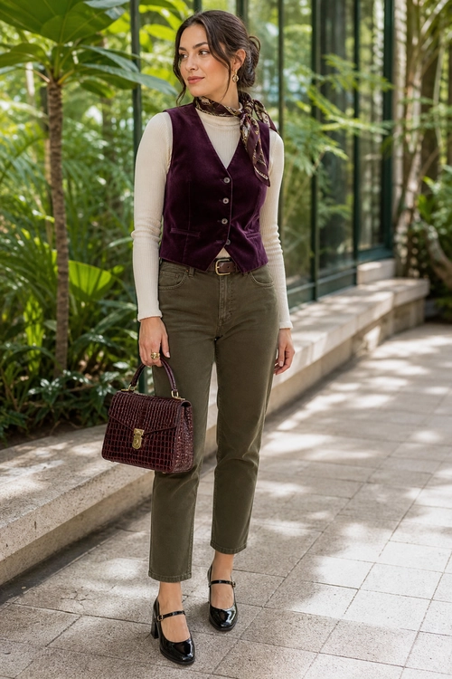 A polished outfit featuring a burgundy button-front vest over a cream ribbed top, olive trousers, black Mary Jane shoes, and a structured burgundy handbag.