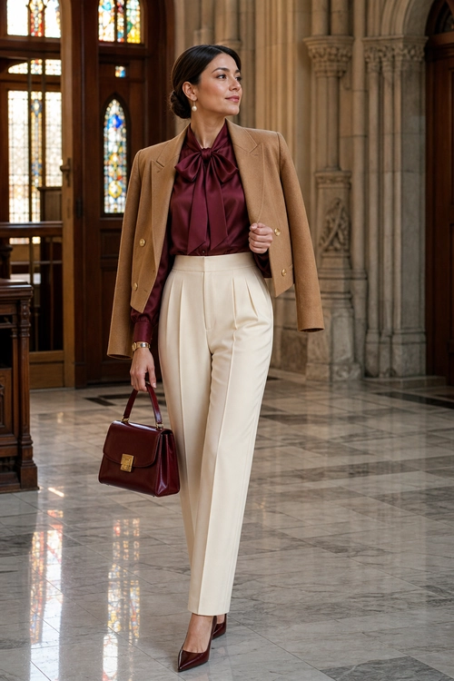 A polished outfit featuring a camel blazer, burgundy bow blouse, ivory pleated trousers, burgundy pointed heels, and a structured handbag.