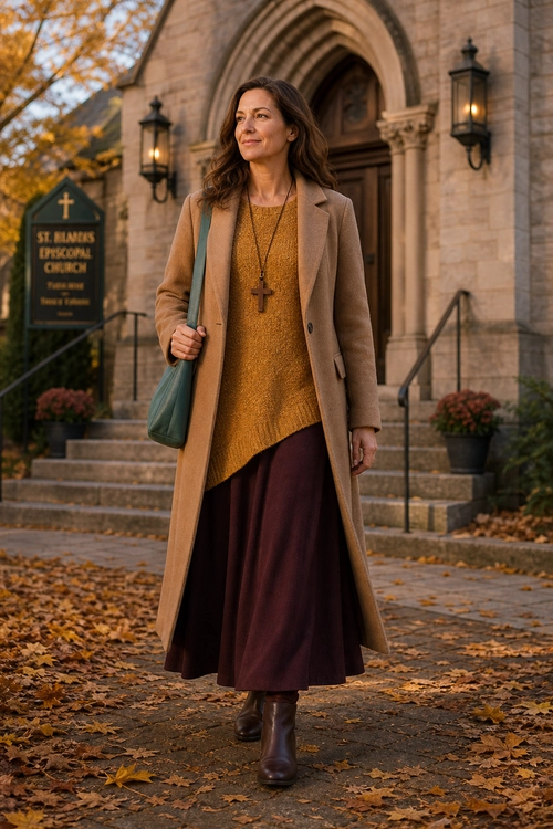 Camel Coat and Burgundy Skirt Outfit A woman wears a long camel coat over a mustard knit sweater and burgundy midi skirt with brown ankle boots and a teal shoulder bag.