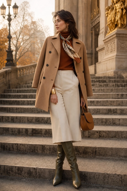 A woman wears a camel coat over a rust turtleneck with a patterned scarf, cream culottes, olive knee-high boots, and a brown handbag.