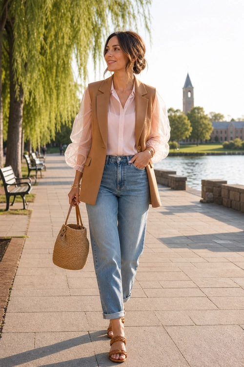 A tailored camel vest layered over a pale pink blouse with cuffed light blue jeans, brown sandals, and a woven bag.