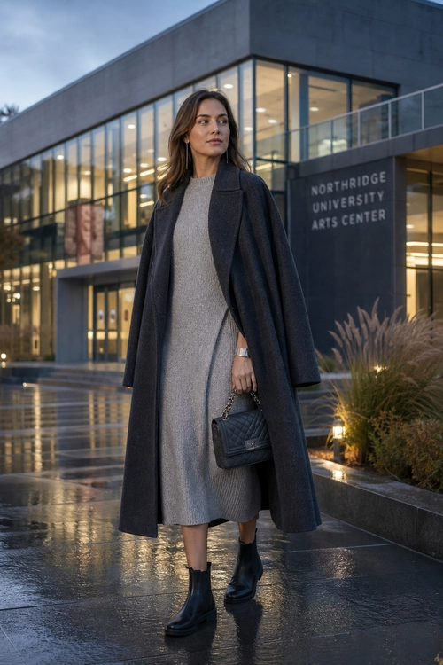 A woman wears a long charcoal coat over a gray knit midi dress with black ankle boots and a quilted handbag.