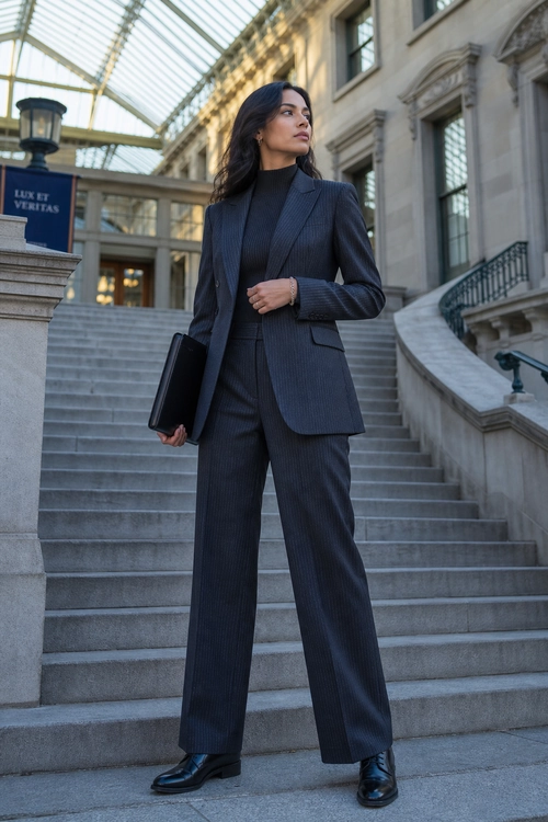 A woman wears a charcoal pinstripe blazer, matching wide-leg trousers, black turtleneck, ankle boots, and carries a black clutch on a grand staircase.