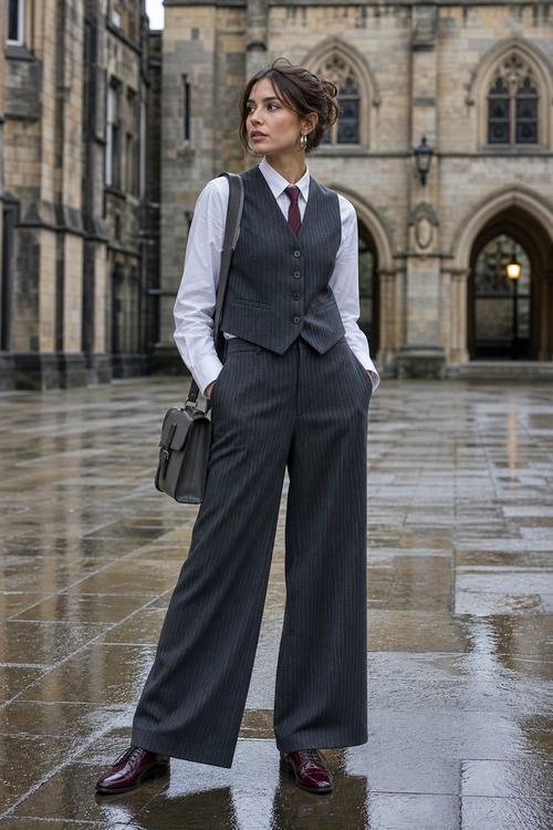 A tailored charcoal pinstripe vest and wide-leg trouser outfit styled with a white shirt, burgundy tie, dark shoes, and a black shoulder bag.