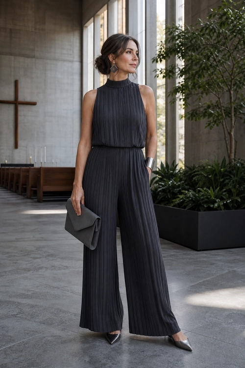 Charcoal Pleated Wide-Leg Jumpsuit Woman wearing a charcoal pleated sleeveless wide-leg jumpsuit with pointed shoes, a clutch, statement earrings, and a metallic cuff bracelet.