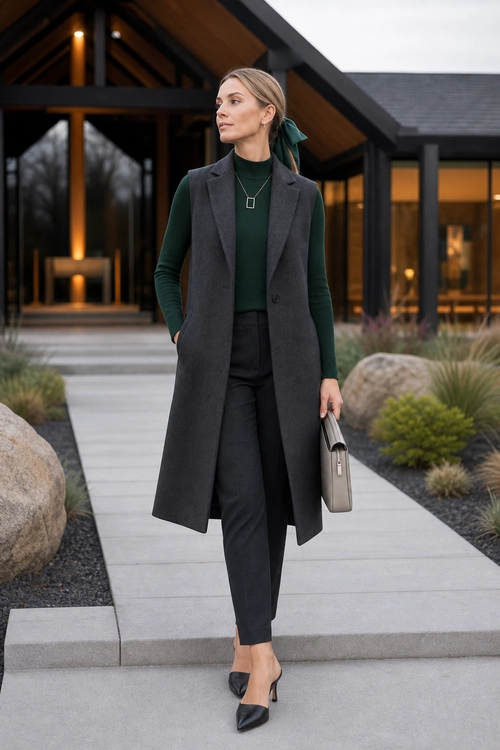 A woman wears a charcoal long sleeveless vest over a dark green turtleneck, black trousers, pointed black heels, and carries a taupe handbag.