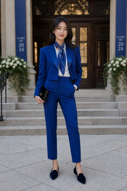 A woman wears a cobalt blue blazer and tailored trousers with a white blouse, patterned neck scarf, black clutch, and black loafers.