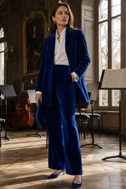 A woman wears a cobalt blue velvet blazer and wide-leg trousers with a white shirt and matching pointed heels.