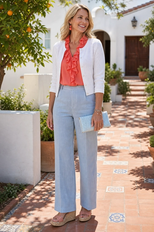 A woman wears a coral ruffled blouse with a white cardigan, light blue trousers, wedge sandals, and a matching light blue clutch.