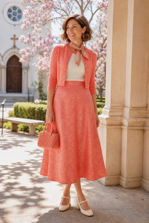 Coral Cardigan and Midi Skirt Outfit A woman wears a coral cardigan with an ivory top, patterned coral midi skirt, neck scarf, woven handbag, and cream Mary Jane flats.