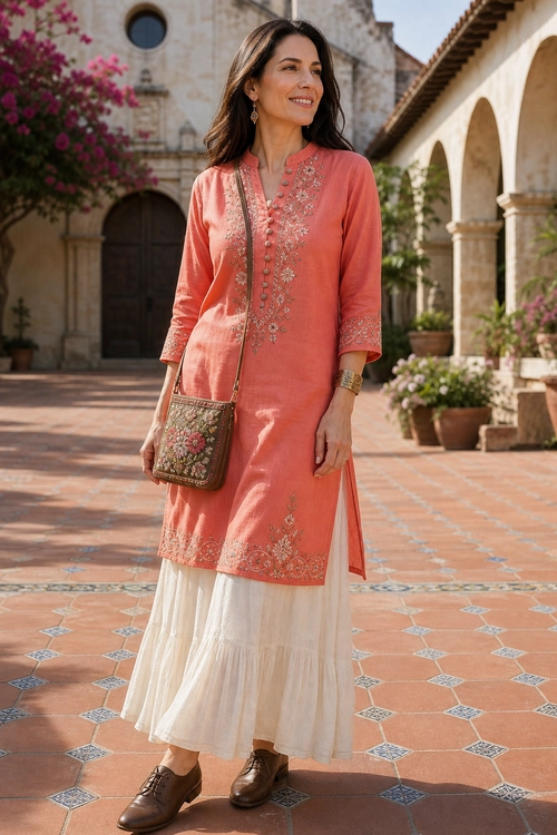 A woman wears a coral embroidered tunic with an ivory tiered skirt, brown lace-up shoes, and a small embroidered crossbody bag.