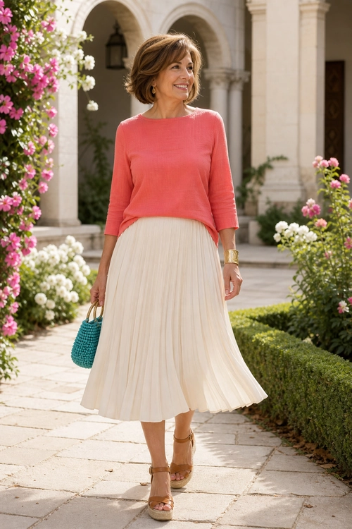 A coral knit top is paired with an ivory pleated midi skirt, tan wedge sandals, and a turquoise woven handbag.