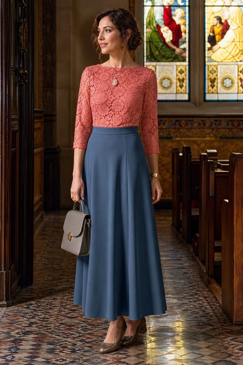 Woman wearing a coral lace long-sleeve top with a blue full-length skirt, taupe pumps, and a structured gray handbag.