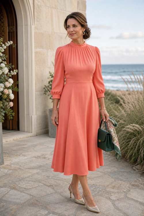 Woman wearing a coral long-sleeve midi dress with nude pointed-toe heels, a dark green handbag, and a patterned scarf.