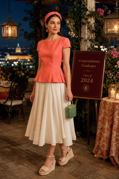 Woman wearing a coral peplum top, cream pleated midi skirt, coral headband, green handbag, and woven wedge sandals.