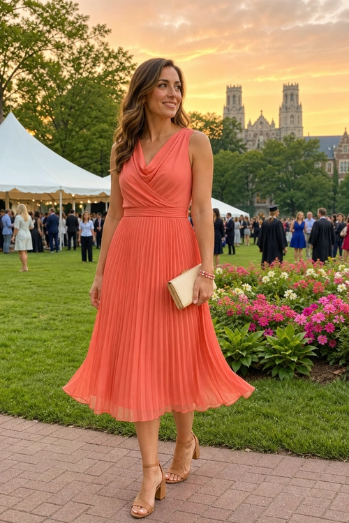 Coral Pleated Garden Party Dress A woman wears a coral sleeveless pleated midi dress with nude heeled sandals and a cream clutch at an outdoor garden event.