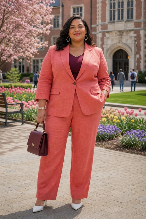 A woman wears a coral blazer and cropped trousers with a burgundy V-neck top, white pointed heels, and a burgundy handbag.