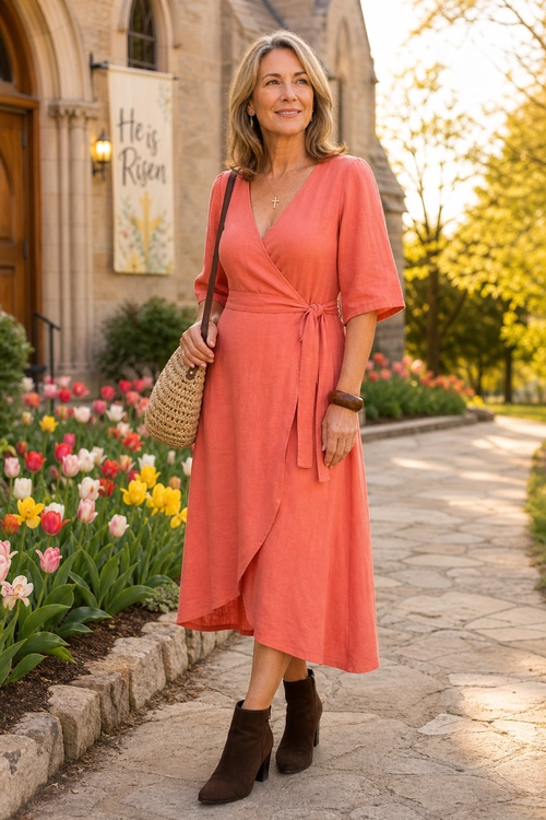Woman wearing a coral wrap dress with a tied waist, woven shoulder bag, brown ankle boots, and a wooden bracelet.