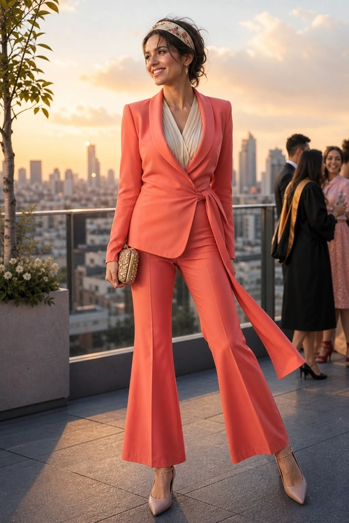 A coral wrap blazer and matching flared trousers styled with an ivory pleated blouse, floral headband, beaded clutch, and pointed heels.