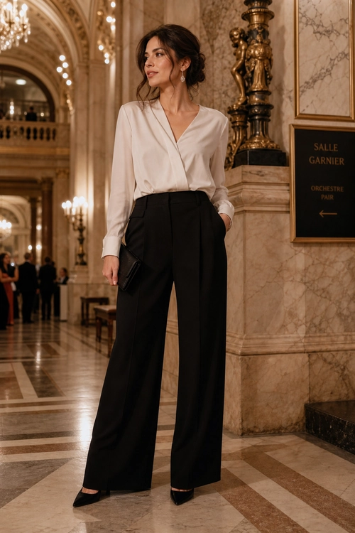Elegant Cream Blouse and Black Trousers A woman wears a cream long-sleeve blouse with black high-waisted wide-leg trousers, pointed heels, drop earrings, and a black clutch in an ornate interior.