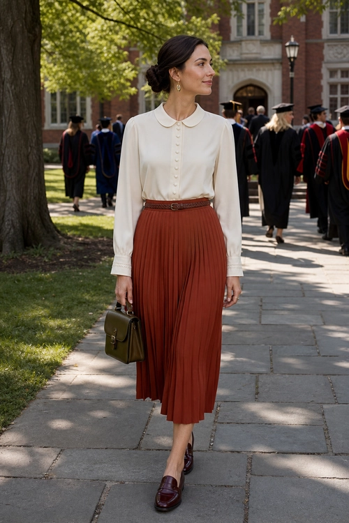Woman wearing a cream button-front blouse, rust pleated midi skirt, brown belt, olive handbag, and burgundy loafers on a leafy campus walkway.
