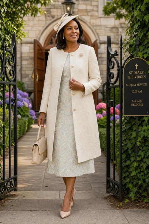 Elegant Cream Coat and Dress Look Woman wearing a cream long coat over a pale patterned dress with a matching fascinator hat, handbag, and pointed-toe pumps.