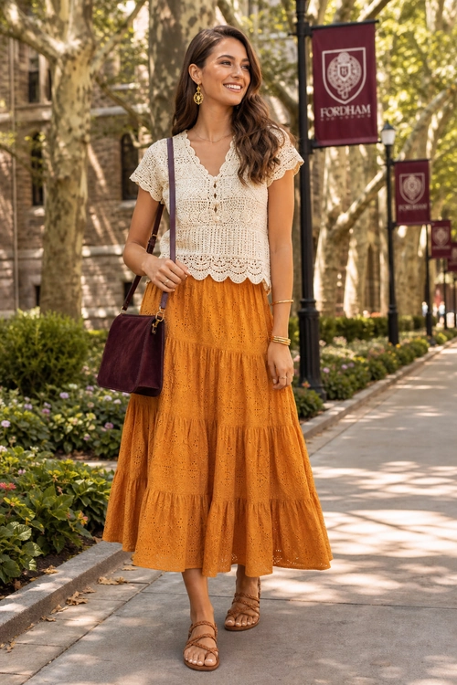Cream Crochet Top and Tiered Orange Skirt A woman wears a cream crochet top with an orange tiered maxi skirt, brown sandals, and a burgundy shoulder bag.