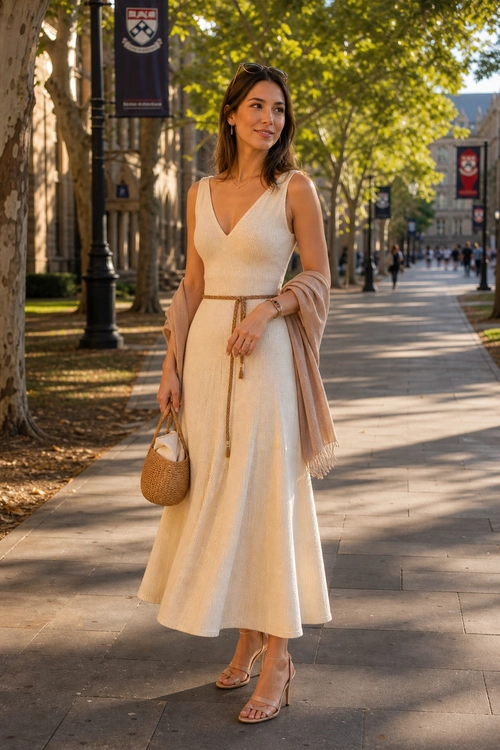 Cream Dress with Woven Bag A woman wears a cream sleeveless V-neck midi dress with a tan belt, beige shawl, woven handbag, and heeled sandals.