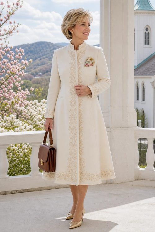 A woman wears a cream embroidered coat dress with a floral pocket detail, brown handbag, and pointed heels on a balcony.
