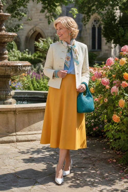 A woman wears a cream jacket, floral neck scarf, mustard midi skirt, turquoise handbag, and white pointed pumps in a garden setting.