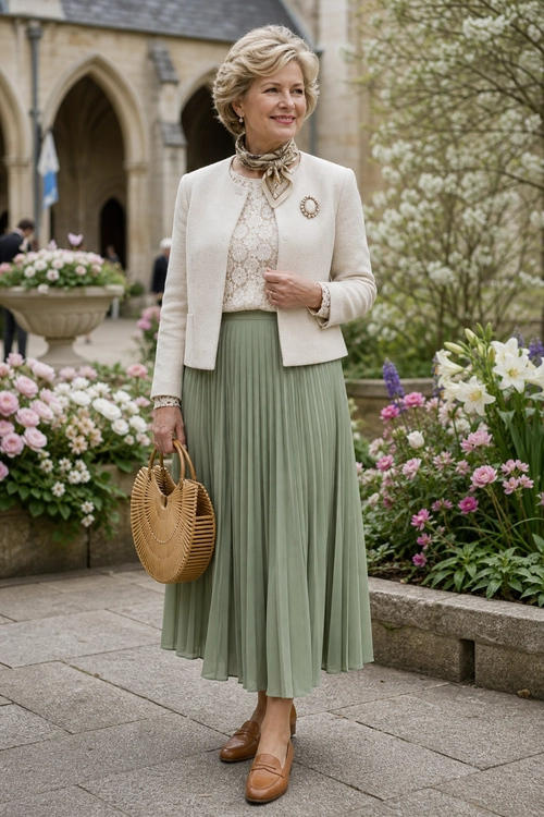 A woman wears a cream jacket over a lace blouse with a neck scarf, sage pleated midi skirt, woven round handbag, and brown loafers.