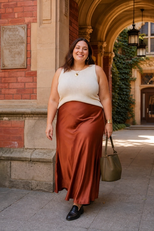 A woman wears a sleeveless cream knit top with a rust satin midi skirt, black loafers, and an olive handbag.