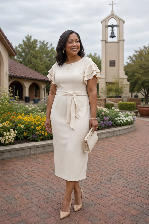 Elegant Cream Ruffle-Sleeve Dress Woman wearing a cream midi dress with ruffled sleeves and a waist tie, paired with nude pointed heels and a matching clutch.