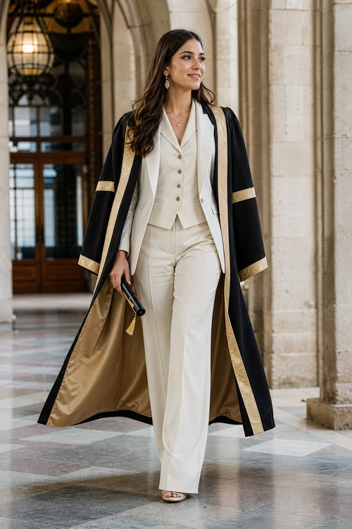 A woman wears a cream buttoned tailored vest and matching trousers with a black cape trimmed in gold.