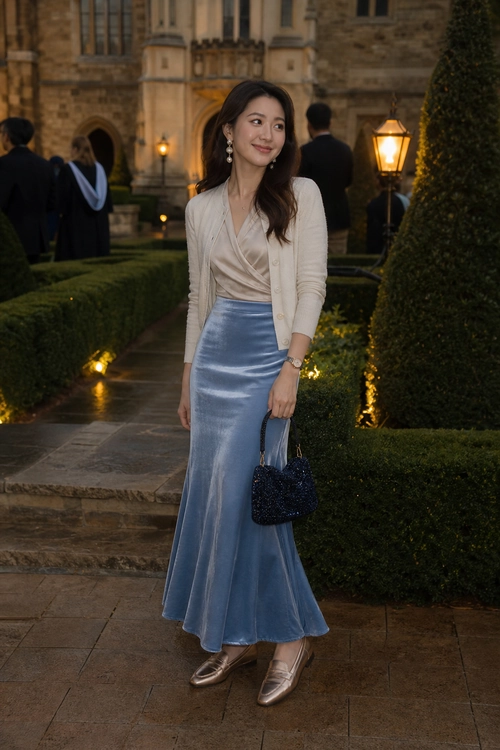 A woman wears a cream draped top with a cardigan, a flowing blue satin skirt, metallic flats, and a navy beaded handbag.