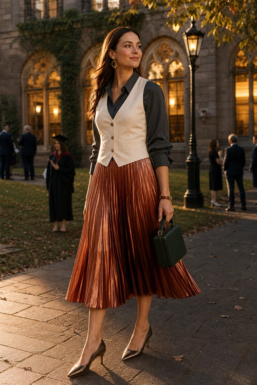 A woman wears a cream buttoned vest over a dark blouse with a copper pleated midi skirt, pointed heels, and a structured green handbag.