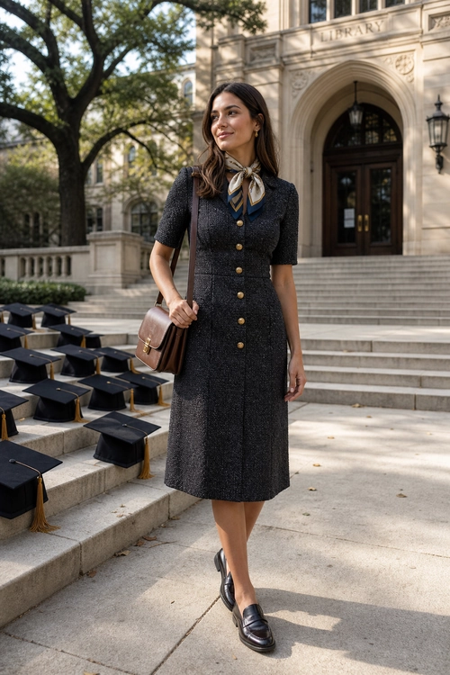 Classic Academic Button-Front Dress A woman wears a charcoal short-sleeve button-front dress with a patterned neck scarf, brown shoulder bag, and dark loafers outside a library.