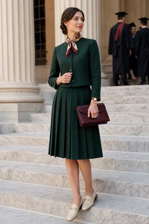 A woman wears a dark green long-sleeve jacket and pleated midi skirt with a printed neck scarf, cream loafers, and a burgundy clutch.