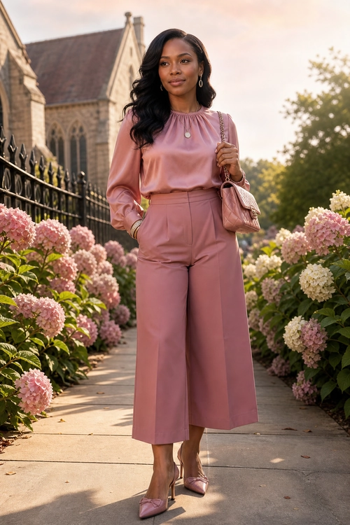 A woman wears a dusty pink blouse with cropped wide-leg trousers, pointed heels, and a matching shoulder bag on a flower-lined walkway.